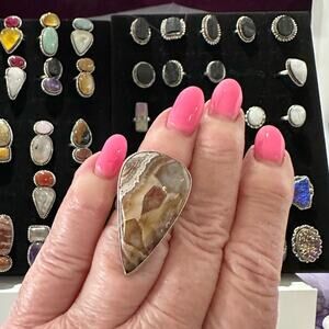 💕 Natural Crazy lace agate gemstone ring. Silver overlay handmade size 5